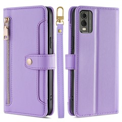 Fall Proof Flip Cover for Nokia C32 Zipper Pocket Stand Wallet Leather Phone Case with 2 Straps - Purple