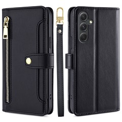 Stand Cover for Samsung Galaxy A54 5G Zipper Pocket Wallet Leather Phone Case with 2 Straps - Black