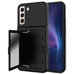 For Samsung Galaxy S22 5G Cardcase Series Card Holder Kickstand Case Thickened PC + TPU Phone Cover with Mirror - Black