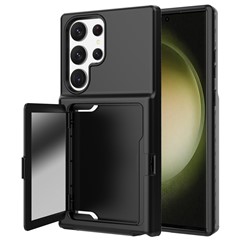 For Samsung Galaxy S23 Ultra Cardcase Series PC + TPU Phone Case Mirror Design Card Slots Kickstand Thickened Cover - Black