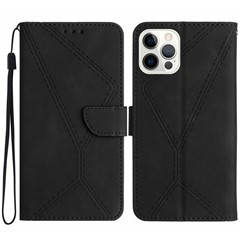 HT05 For iPhone 13 Pro 6.1 inch Skin-touch Fully Wrapped Phone Case PU Leather Wallet Cover with Strap - Black