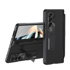 For Samsung Galaxy Z Fold3 5G Hinged Kickstand Case PU Leather + PC Phone Cover with Stylus and Tempered Glass Film - Black