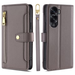Leather Phone Cover for Honor X50i 5G / 90 Lite 5G Folio Flip Stand Wallet Case with Zipper Pocket - Grey