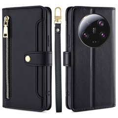 For Xiaomi 13 Ultra Anti-Collision PU Leather+TPU Phone Cover Stand Wallet Case with Zipper Pocket - Black