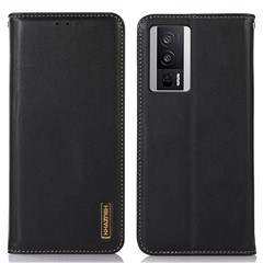 KHAZNEH For Xiaomi Poco F5 Pro 5G / Redmi K60 5G / K60 Pro 5G Genuine Cowhide Leather Wallet Phone Case RFID Blocking Stand Cover - Black