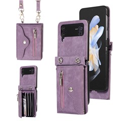 Phone Case for Samsung Galaxy Z Flip3 5G RFID Blocking Card Bag PU Leather+TPU Cover with Kickstand - Purple