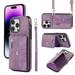 For iPhone 14 Pro Max PU Leather+TPU Phone Case Kickstand Back Cover with RFID Blocking Card Bag - Purple