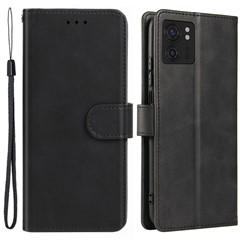 For Motorola Edge 40 5G Leather Phone Wallet Case Calf Texture Stand Phone Cover with Strap - Black