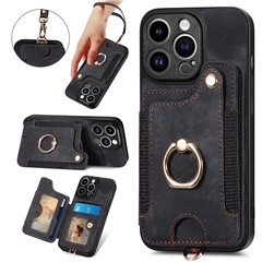 For iPhone 14 Pro Max Card Slots Phone Case Kickstand PU Leather Coated PC+TPU RFID Blocking Cover - Black