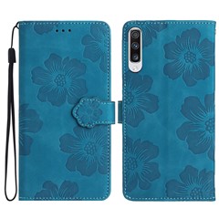 For Samsung Galaxy A70 Flowers Imprinted Anti-fingerprint Stand Leather Case Wallet Phone Cover - Blue