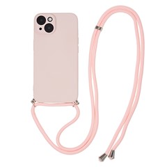 For iPhone 13 6.1 inch Rubberized Soft TPU Case Fiber Lining Phone Cover with Long Lanyard - Pink