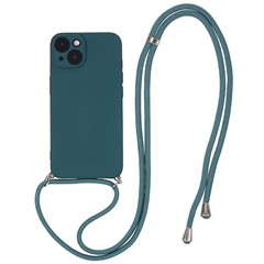 For iPhone 14 Fiber Lining Rubberized TPU Case Anti-drop Phone Cover with Long Lanyard - Army Green