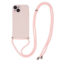 For iPhone 14 Plus Fiber Lining TPU Phone Case Rubberized Anti-scratch Cover with Long Lanyard - Pink
