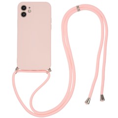 Rubberized Phone Case for iPhone 11 , Fiber Lining TPU Back Cover with Long Lanyard - Pink