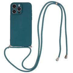 For iPhone 14 Pro Max Rubberized TPU Case Fiber Lining Cell Phone Cover with Long Lanyard - Army Green