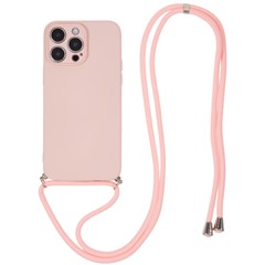 For iPhone 14 Pro Max Rubberized TPU Case Fiber Lining Cell Phone Cover with Long Lanyard - Pink