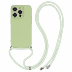 For iPhone 14 Pro Max Case Rubberized TPU Fiber Lining Phone Cover with Long Lanyard - Matcha Green