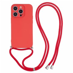 For iPhone 14 Pro Max Case Rubberized TPU Fiber Lining Phone Cover with Long Lanyard - Red