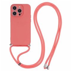 For iPhone 14 Pro Max Case Rubberized TPU Fiber Lining Phone Cover with Long Lanyard - Hawthorn Red