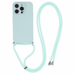 For iPhone 14 Pro Max Case Rubberized TPU Fiber Lining Phone Cover with Long Lanyard - Baby Blue