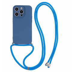 For iPhone 14 Pro Max Case Rubberized TPU Fiber Lining Phone Cover with Long Lanyard - Sapphire