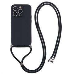 For iPhone 14 Pro Max Case Rubberized TPU Fiber Lining Phone Cover with Long Lanyard - Black