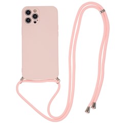 For iPhone 12 Pro Soft TPU Phone Cover Fiber Lining Rubberized Phone Case with Long Lanyard - Pink