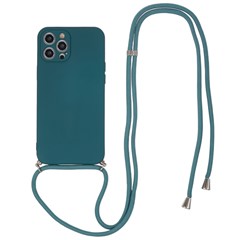 For iPhone 12 Pro Soft TPU Phone Cover Fiber Lining Rubberized Phone Case with Long Lanyard - Army Green