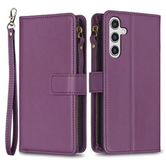 BF Style-19 for Samsung Galaxy A14 5G / 4G Zipper Pocket Phone Stand Case PU Leather Anti-drop Wallet Cover - Dark Purple