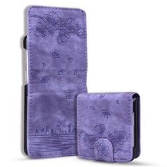 For Samsung Galaxy Z Flip4 5G PU Leather Card Holder Phone Case Imprinted Cat Flower Anti-drop Cover - Purple
