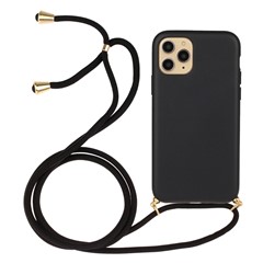 For iPhone 15 Pro Max Mobile Phone Case Biodegradable Wheat Straw+TPU Protection Cover with Lanyard - Black