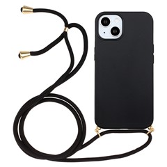 For iPhone 15 Plus Biodegradable Phone Case Wheat Straw+TPU Shockproof Protection Cover with Lanyard - Black
