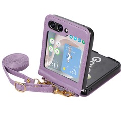 For Samsung Galaxy Z Flip5 5G PU Leather PC Phone Case Anti-Drop Protective Cover with Shoulder Strap - Purple