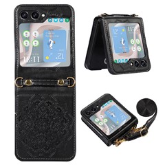 For Samsung Galaxy Z Flip5 5G Flower Imprinted Phone Case Anti-Drop PU Leather PC Cover with Shoulder Strap - Black