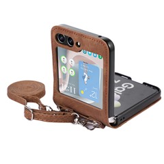 For Samsung Galaxy Z Flip5 5G Skin Touch Phone Case Shockproof PU Leather PC Phone Cover with Shoulder Strap - Brown