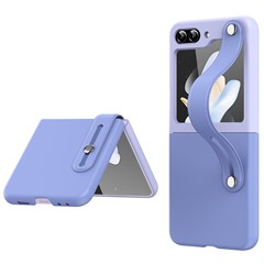 For Samsung Galaxy Z Flip5 5G Contrast Color PU Leather Coated PC Phone Case Hand Strap Kickstand Cover - Sky Blue Light Purple