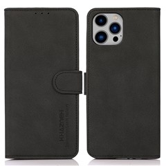 KHAZNEH For iPhone 15 Pro Max Shockproof Phone Cover Textured PU Leather Phone Case Flip Wallet Stand Shell - Black
