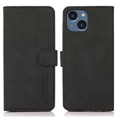 KHAZNEH For iPhone 15 Anti-Dust Phone Case Textured PU Leather Flip Wallet Stand Cover - Black