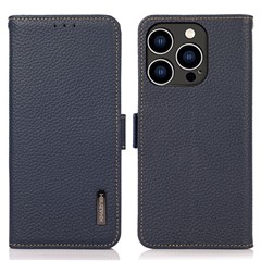 KHAZNEH For iPhone 15 Pro RFID Blocking Phone Case Stand Wallet Genuine Cow Leather Phone Cover - Blue