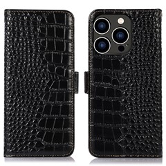 RFID Blocking Case for iPhone 15 Pro Max , Stand Wallet Genuine Cow Leather Phone Cover - Black