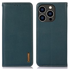 KHAZNEH For iPhone 15 Pro Cowhide Leather Wallet Phone Case RFID Blocking Flip Stand Cover - Green