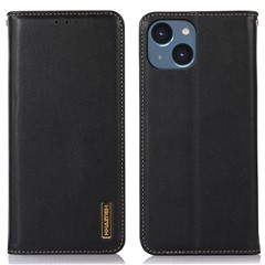 KHAZNEH For iPhone 15 Plus RFID Blocking Wallet Phone Case Cowhide Leather Anti-drop Stand Cover - Black