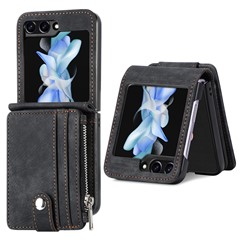 Protective Wallet Case for Samsung Galaxy Z Flip5 5G Retro PU Leather PC Phone Cover with Kickstand - Black
