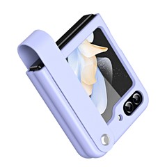 Slim Case for Samsung Galaxy Z Flip5 5G Protective PU Leather PC Phone Cover with Finger Strap - Purple