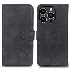 KHAZNEH For iPhone 15 Pro Max Retro PU Leather Phone Case Shockproof Wallet Stand Cover - Black