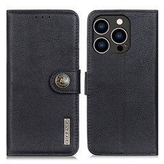 KHAZNEH For iPhone 15 Pro Max Cowhide Texture Flip Stand Phone Case Leather Wallet Shell - Black