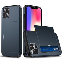 Slide Card Holder Protective Phone Case for iPhone 15 , TPU + PC Drop-proof Cell Phone Cover - Navy Blue