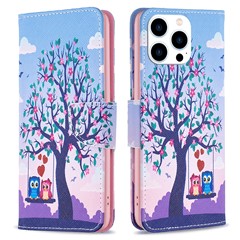 Pattern Printing Leather Case for iPhone 15 Pro Max , Stand Wallet Anti-drop Phone Cover - Two Owls