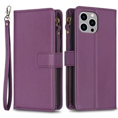 BF Style-19 For iPhone 15 Pro Max PU Leather Phone Case Flip Wallet Stand Cover with Zipper Pocket - Dark Purple