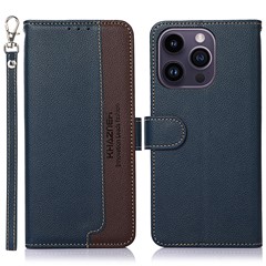 KHAZNEH Slim-Fit Leather Case for iPhone 14 Pro RFID Blocking Litchi Texture Wallet Phone Stand Cover - Blue
